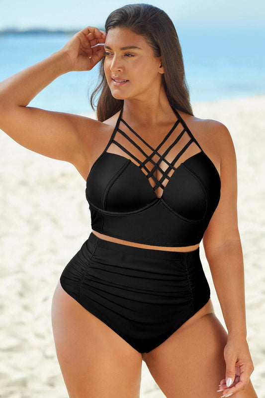Full Size Halter Neck Crisscross Ruched Two-Piece Swimsuit - Distressed Confidence