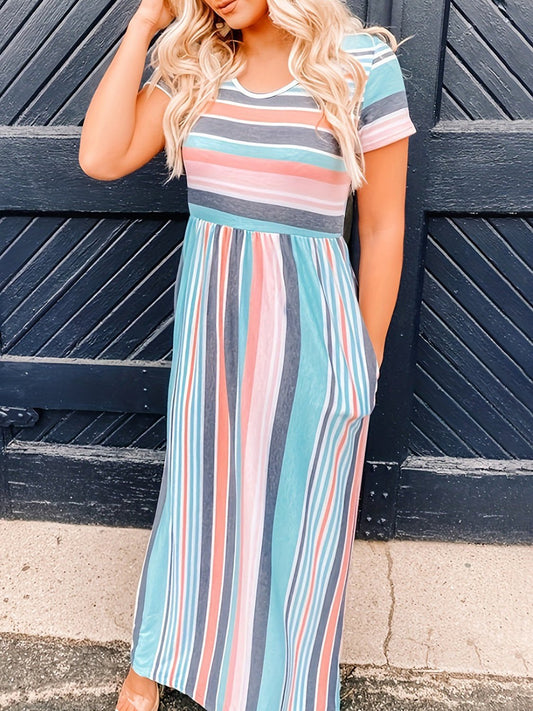 Full Size Striped Round Neck Short Sleeve Dress - Distressed Confidence
