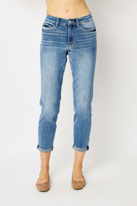 Judy Blue Full Size Cuffed Hem Slim Jeans - Distressed Confidence