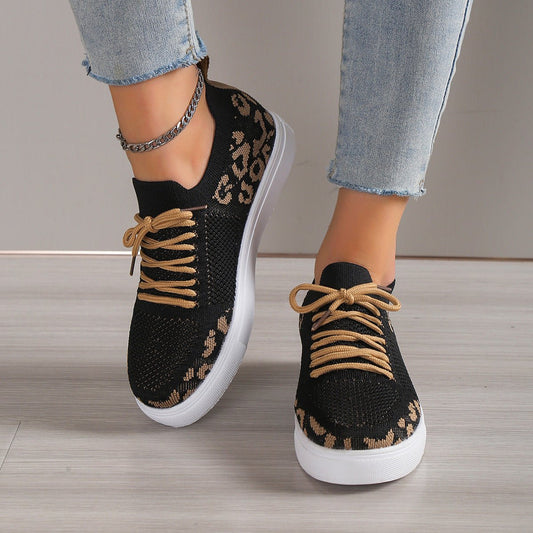 Lace-Up Leopard Flat Sneakers - Distressed Confidence