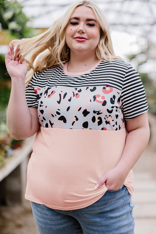 Plus Size Mixed Print Color Block T-Shirt - Distressed Confidence