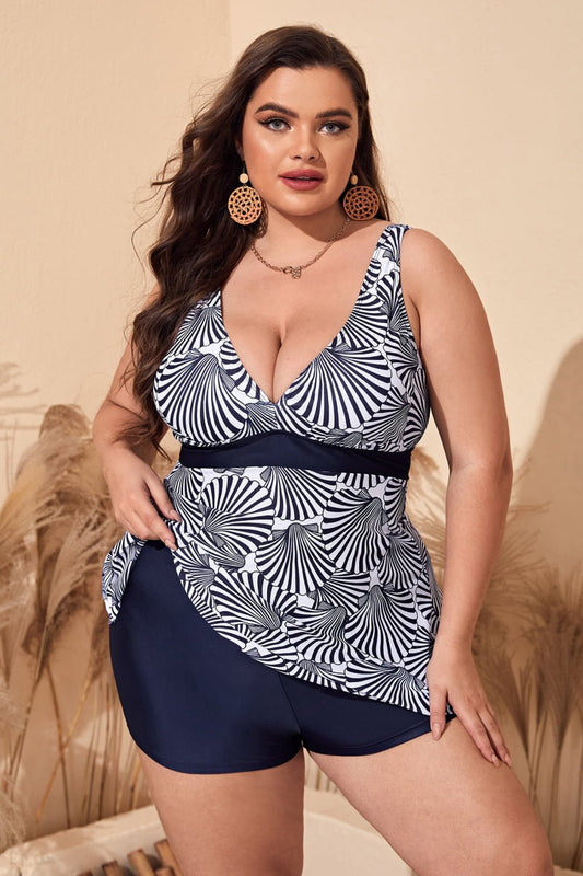 Plus Size Printed Sleeveless Top and Shorts Swim Set - Distressed Confidence