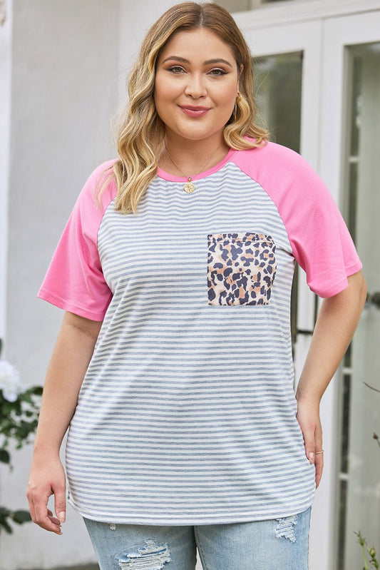 Plus Size Striped Leopard Round Neck T-Shirt - Distressed Confidence