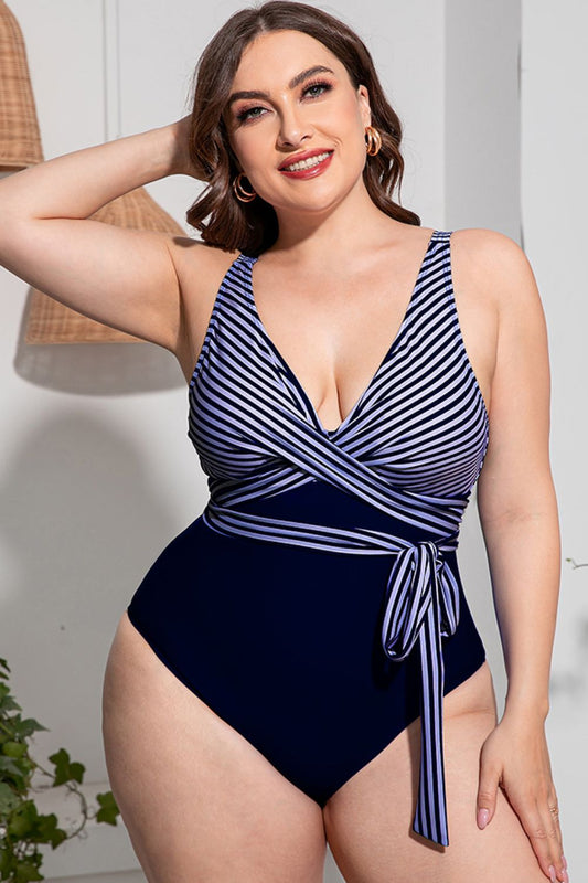 Plus Size Striped Tie-Waist One-Piece Swimsuit - Distressed Confidence